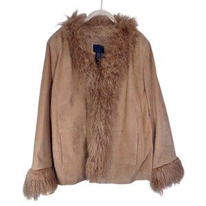 VTG 90s Venezia Mongolian Fur Suede Leather Penny Lane Boho Afghan Coat Sz 18/20